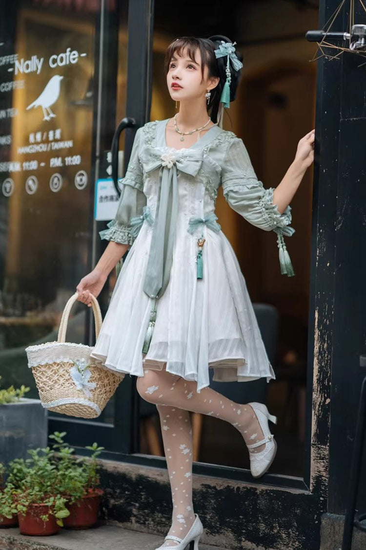 White/Green Half Sleeves Ruffled Bow Sweet Chinese Style Lolita Hanfu Dress - Product - 11