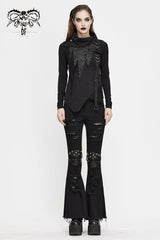 Black Worn Out Cross Shaped Hasp Long Sleeve High Collar Asymmetric Hem Women's Punk T-Shirt - Product - 4