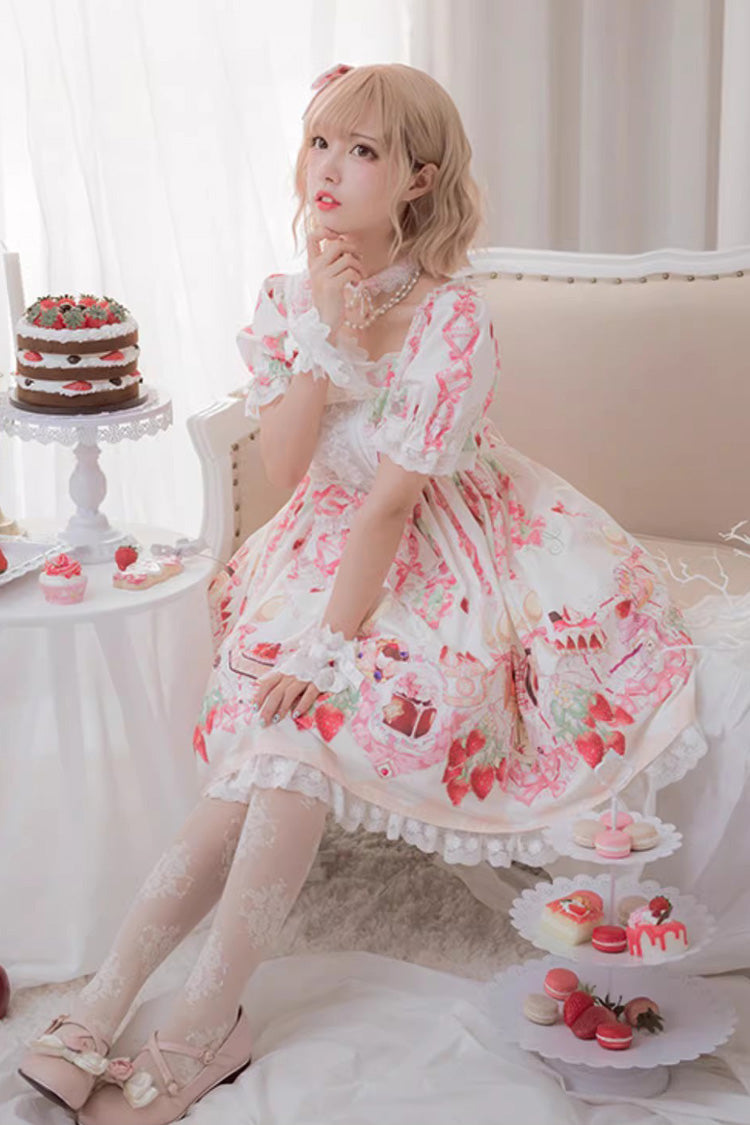 [Strawberry Feast] Short Sleeves Printed Ruffled Bow Sweet Lolita Dress 4 Colors - Product - 6