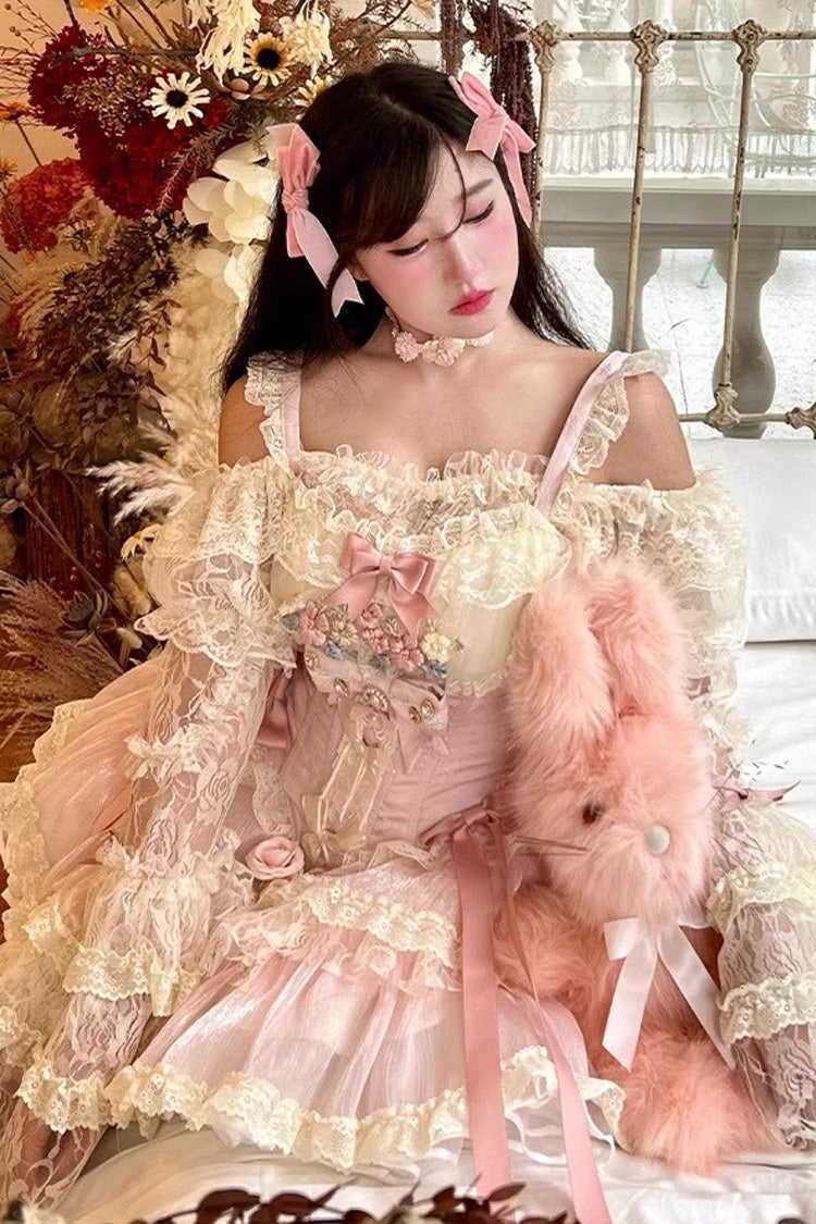 Pink Delicate Lace Flowers Love Song Bowknot Lace Sweet Lolita Dress - Product - 4