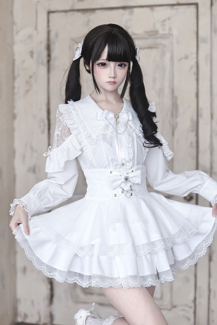 White [Dreamy Love Ballad] Navy Collar Long Sleeves Double-Layered Ruffled Bow Lace Pearl Detail Sweet Jirai Kei Japanese Skirt Set - White(Set) - 1