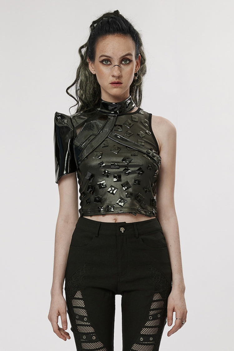 Black Stand Collar Women's Punk Patent Leather Body Harness - Black - 1