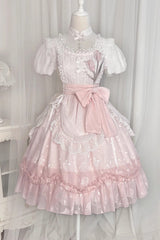 Pink Round Collar Short Sleeves Lace Ruffle Bowknot Sweet Princess Lolita Dress - Product - 3