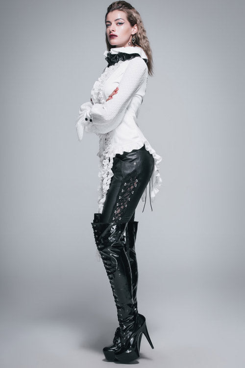 White Lace Up Chiffon Ruffled Dovetail Womens Gothic Blouse - Product - 3