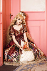 Red [Kaleidoscope of Dreams] Double-Layered Print Embroidery Bowknot Lace-Up Classic Vintage Gorgeous Lolita Dress - Product - 14