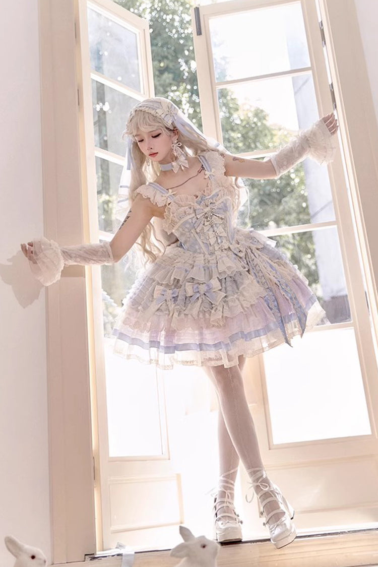 Blue [Moonstone] Sleeveless Ruffle Embroidery Bowknot Lace Fishbone Sweet Princess Lolita Dress - Product - 8