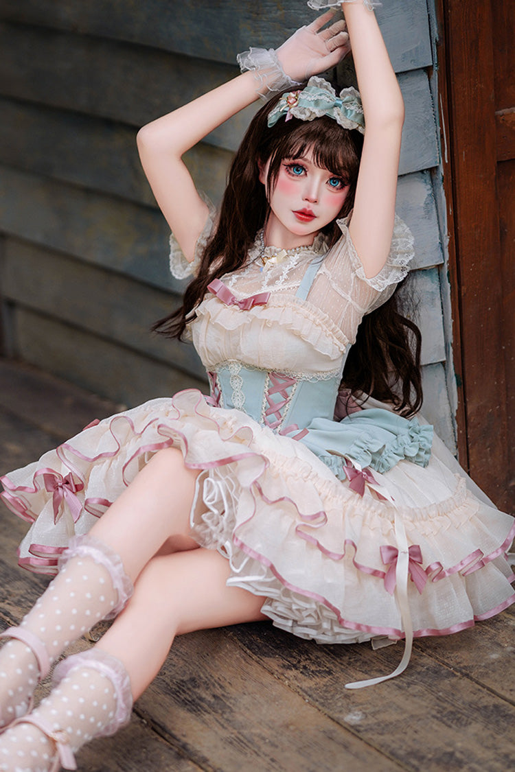 Light Green/Ivory Dance of Time Triple-Layered Ballet Style Bowknot Lace-Up Sweet Lolita Jsk Dress - Product - 3