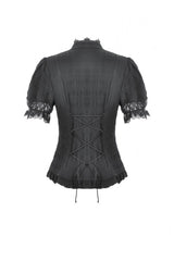 Black Stand Collar Short Puff Sleeves Sheer Lace Lace-Up Women's Gothic Blouse with Detachable Bowknot - Product - 17