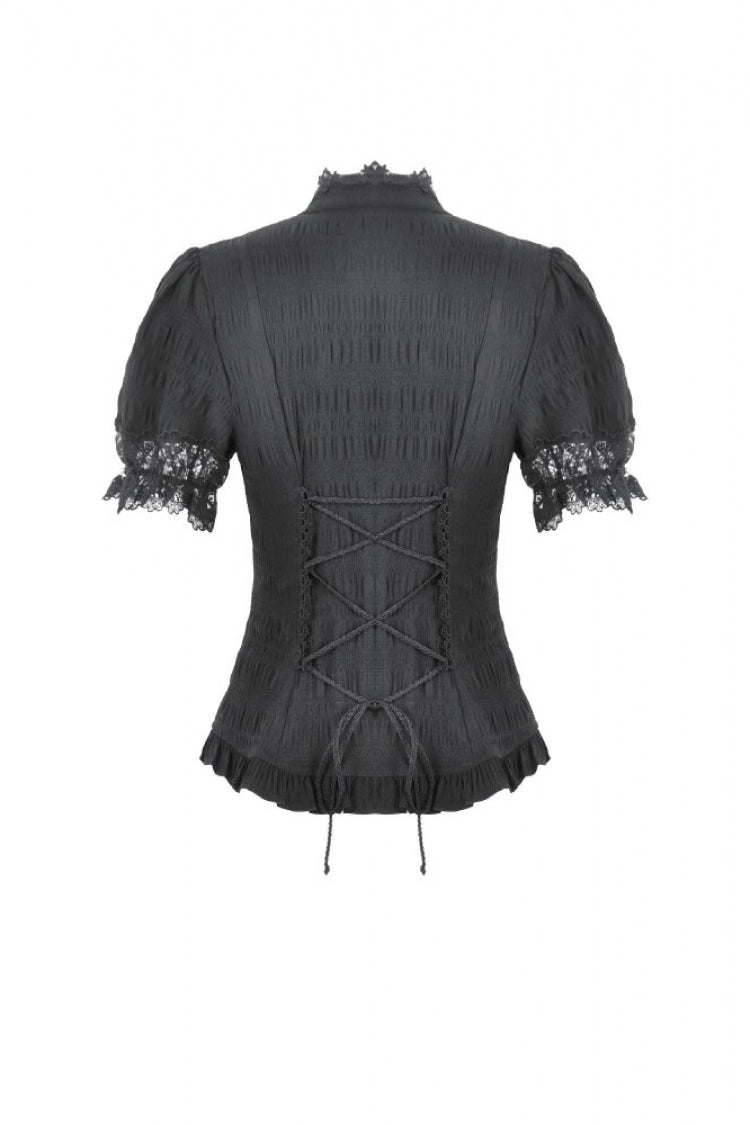 Black Stand Collar Short Puff Sleeves Sheer Lace Lace-Up Women's Gothic Blouse with Detachable Bowknot - Product - 17