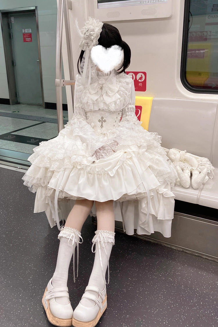 White [Eternal Taboo] Long Hime Sleeves Ruffled Bow Gothic Lolita Skirt Dress Set - Product - 4