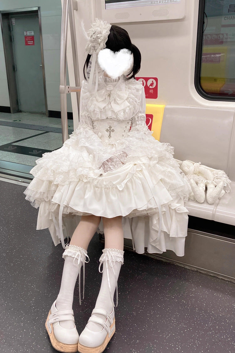 White [Eternal Taboo] Long Hime Sleeves Ruffled Bow Gothic Lolita Skirt Dress Set - Product - 4