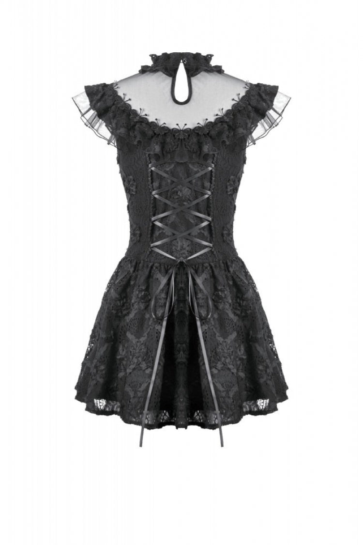 Black Ruffled Mock Neck Floral Cross Lace Splice Sheer Mesh Sleeveless Lace-Up Women's Gothic Dress - Product - 17