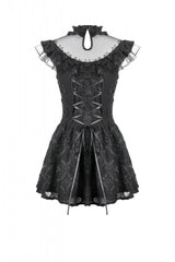 Black Ruffled Mock Neck Floral Cross Lace Splice Sheer Mesh Sleeveless Lace-Up Women's Gothic Dress - Product - 17