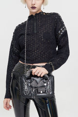 Black Wool Dropped Shoulders Perforated Sleeves Strap Connection Neck Zipper Loose Long Sleeve Women's Punk Sweater - Black - 1