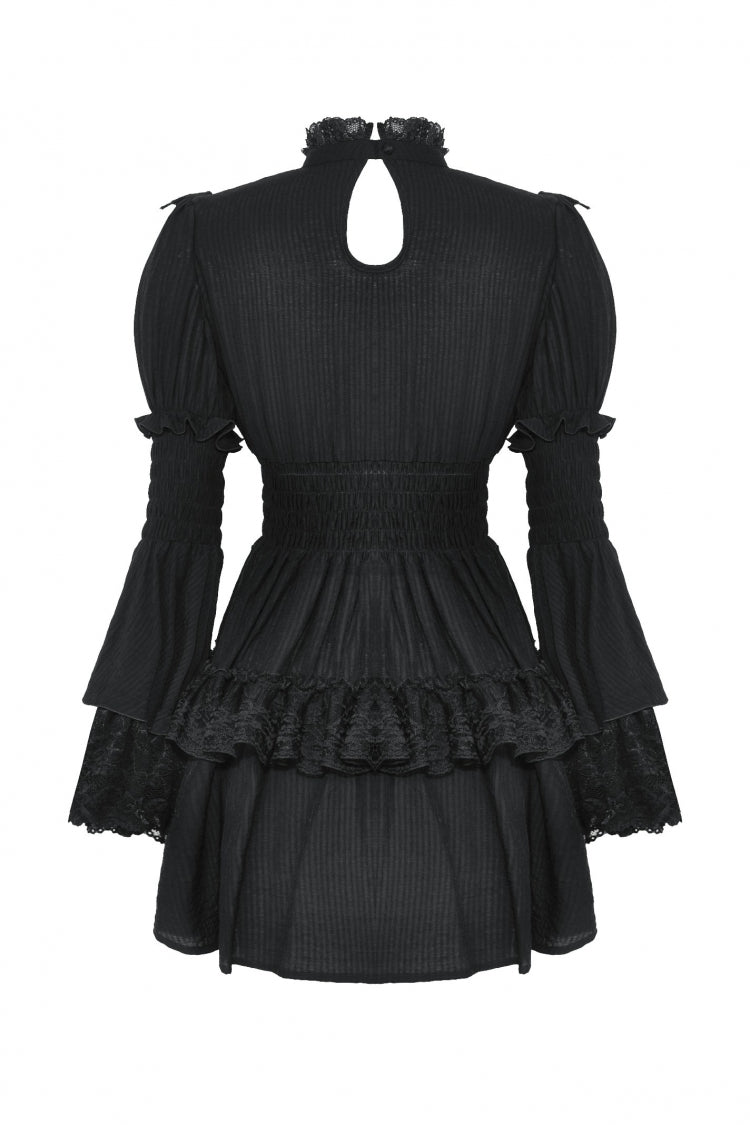 Black Lace Ruffled Stand Collar Long Puff Sleeves Cut-Out Women's Gothic Grad Dress - Product - 13