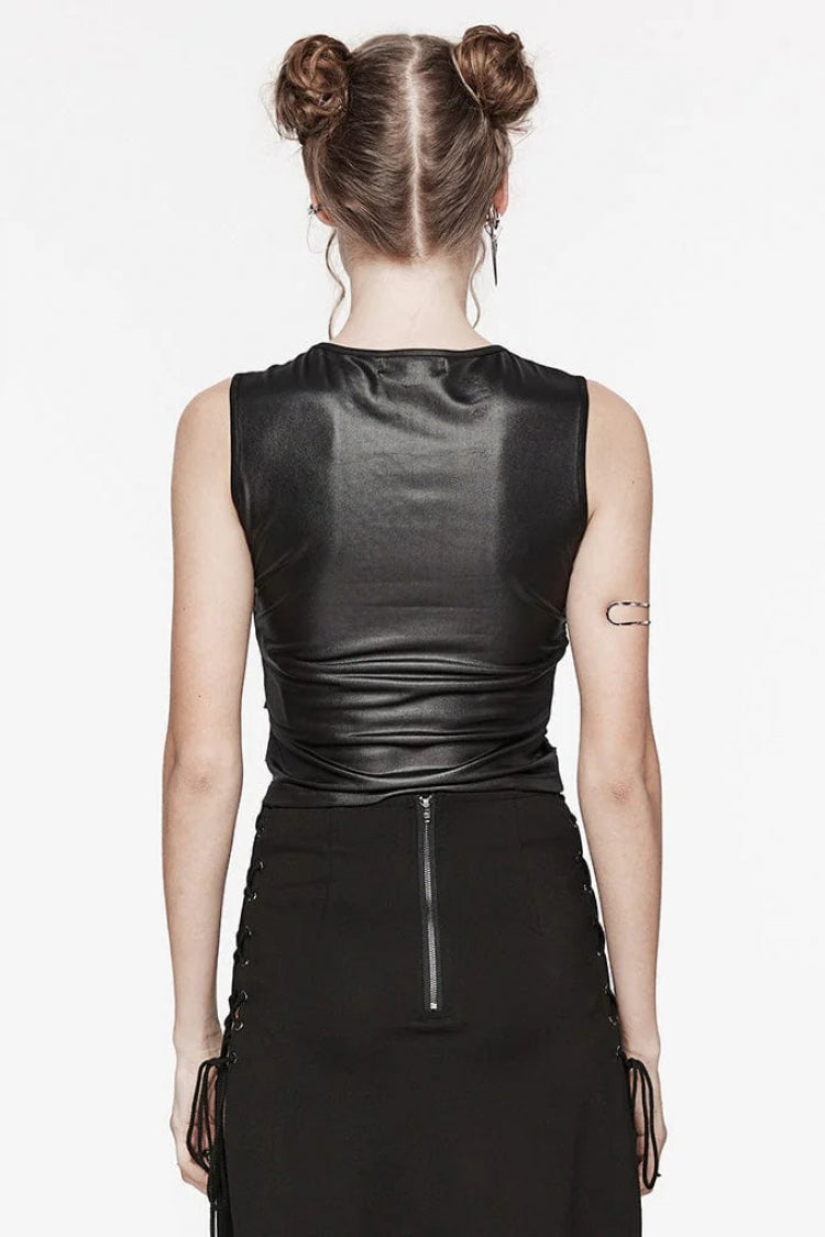 Black Round Collar Sleeveless Stitching Mesh Ripped Women's Punk Tank Top - Product - 3