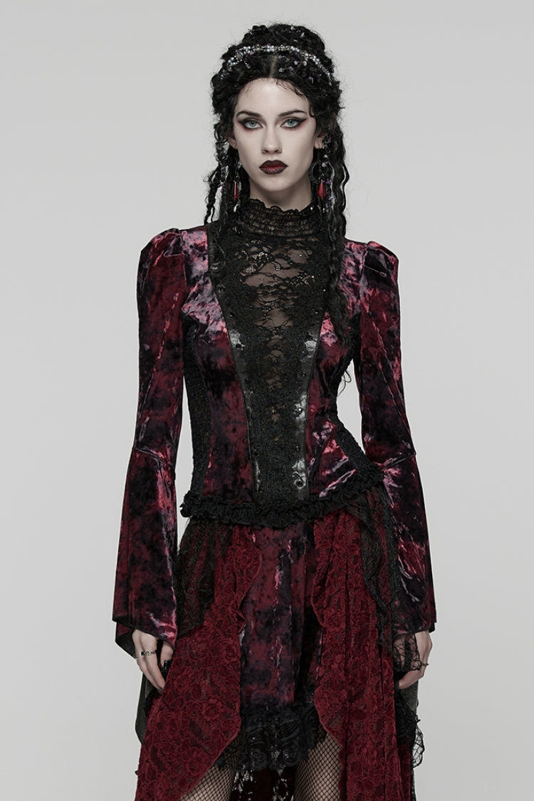 Black/Red Long Trumpet Sleeves Spliced Lace Lace-Up Women's Gothic Blouse - Black/Red - 1