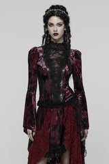 Black/Red Long Trumpet Sleeves Spliced Lace Lace-Up Women's Gothic Blouse - Black/Red - 1