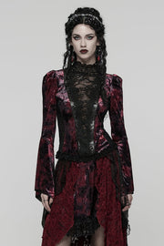 Black/Red Long Trumpet Sleeves Spliced Lace Lace-Up Women's Gothic Blouse - Black/Red - 1