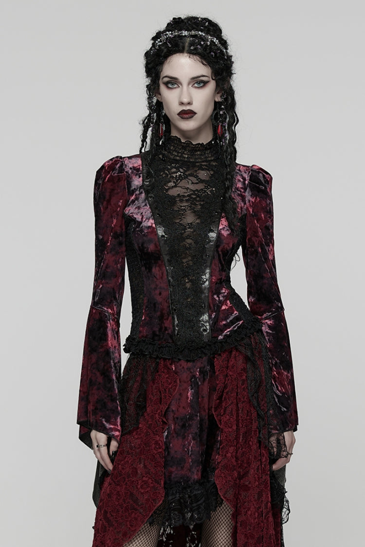 Black/Red Long Trumpet Sleeves Spliced Lace Lace-Up Women's Gothic Blouse - Black/Red - 1
