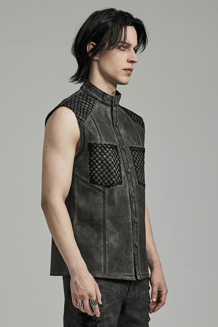 Grey Stand Collar Stitching Men's Punk Vest - Product - 2
