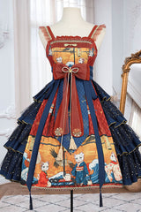 Blue Ukiyoe Cat & Waves Print Sleeveless Multi-Layer Sweet Lolita JSK Dress - Product - 2