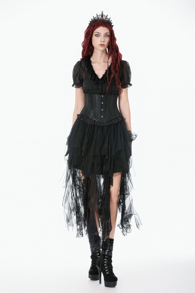 Black Solid Color Sleeveless Lace Lace-Up Women's Punk Underbust Corset - Black - 1