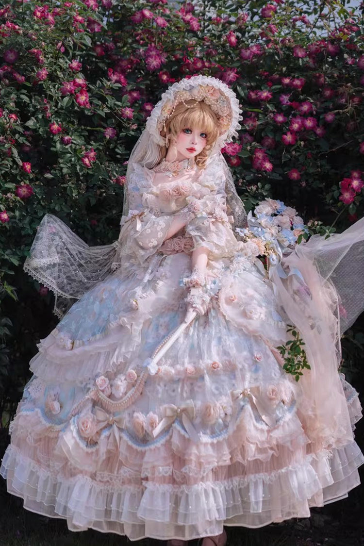 Blue/Pink [Rose Blossom Banquet] Multi-Layered Printed Ruffled Hanayome Bow Lace Sweet Plus Size Princess Gorgeous Lolita Dress - Product - 9