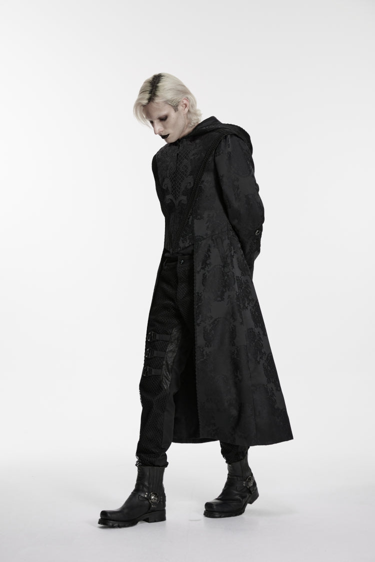 Black Long Sleeves Jacquard Embroidered Spliced Lace Hooded Color-Blocked Men's Punk Cool Coat - Product - 9