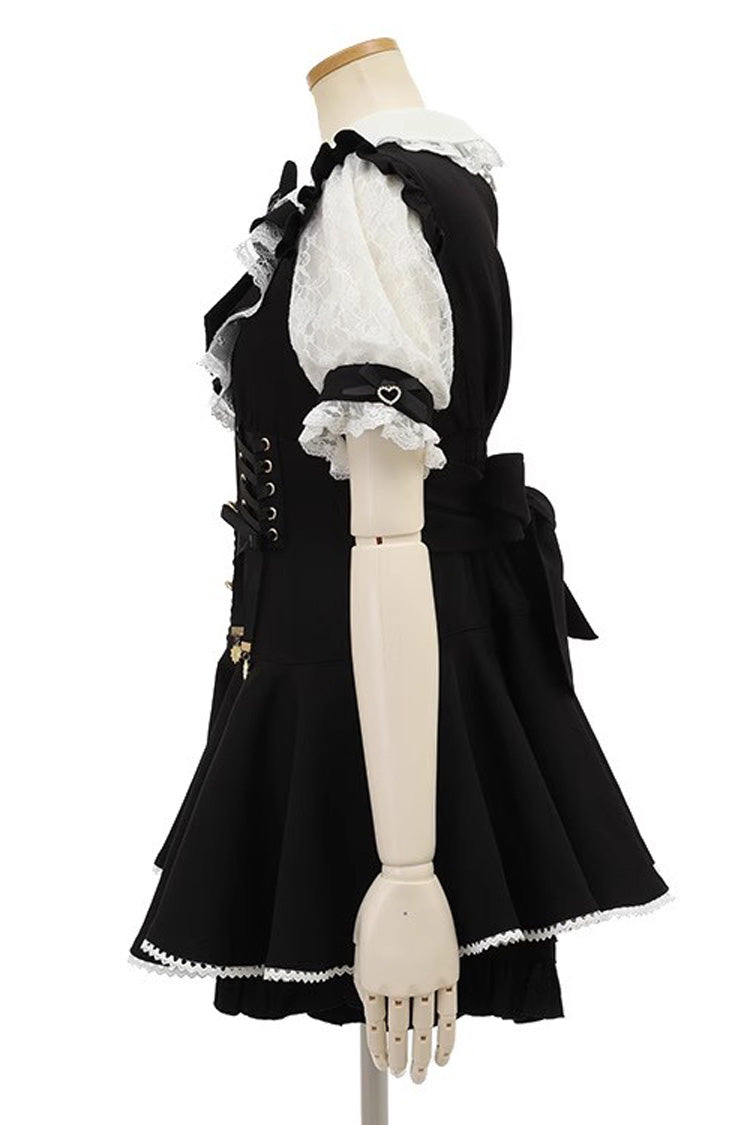 Black Japanese Diamond Buckle Heart Bow Lace Sweet Jirai Kei Dress Fake Two-piece Set - Product - 2