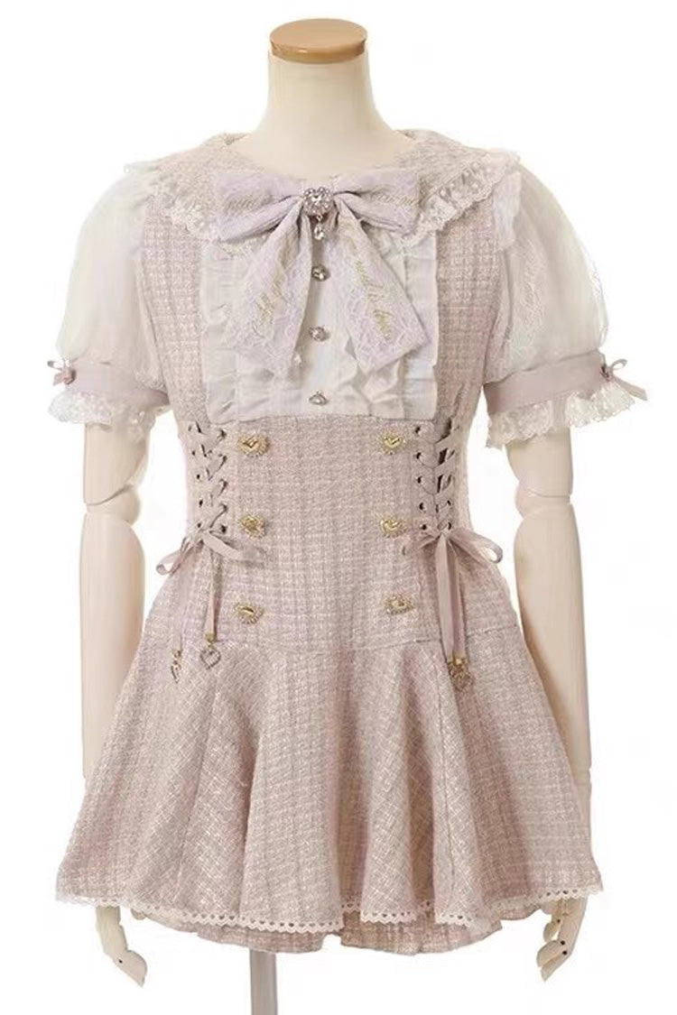 Japanese Lace Sweet Jirai Kei Dress Blouse Shorts Set 2 Colors - Pink - 1