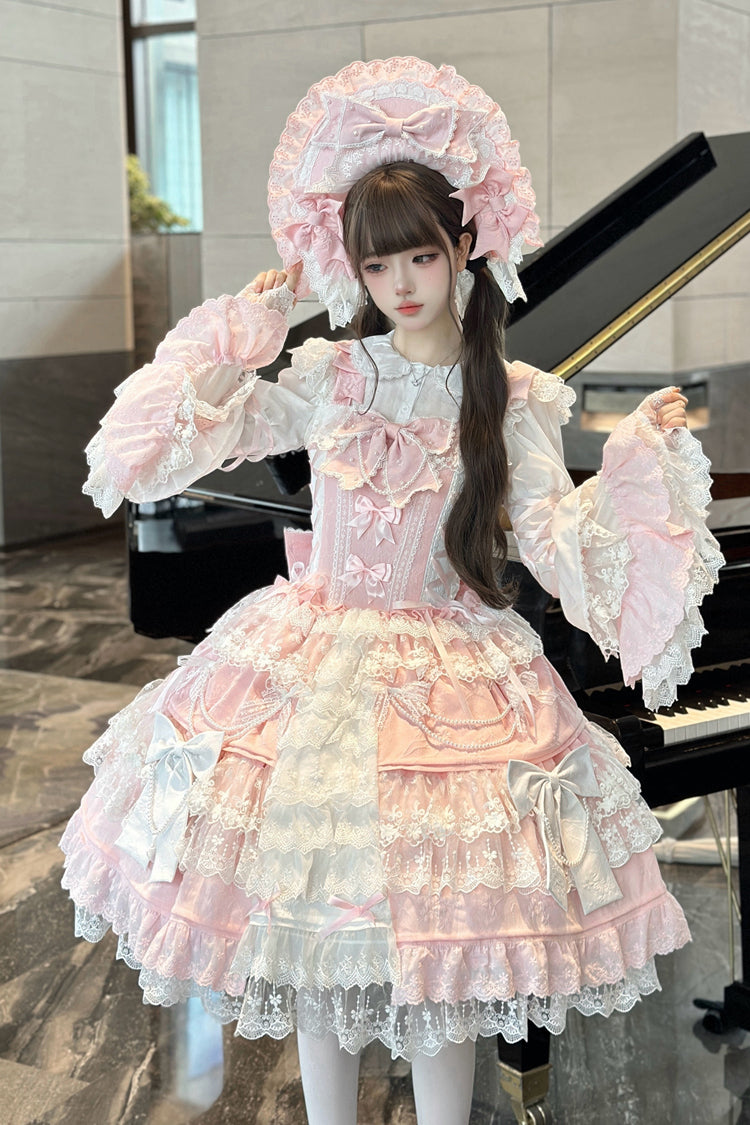 [Sakura Love] Multi-Layered Jacquard Ruffle Embroidery Cardigan Bowknot Lace Sweet Gorgeous Lolita Jsk Dress 3 Colors - Pink - 1