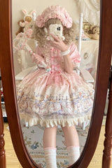 Pink [Angel Lamb] Lapel Collar Short Sleeves Printed Ruffled Bow Sweet Lolita Dress - Product - 4