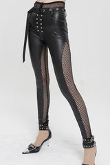 Black Fake Two-Piece Faux Leather Stitching Mesh Networking Women's Punk Pants - Black - 1