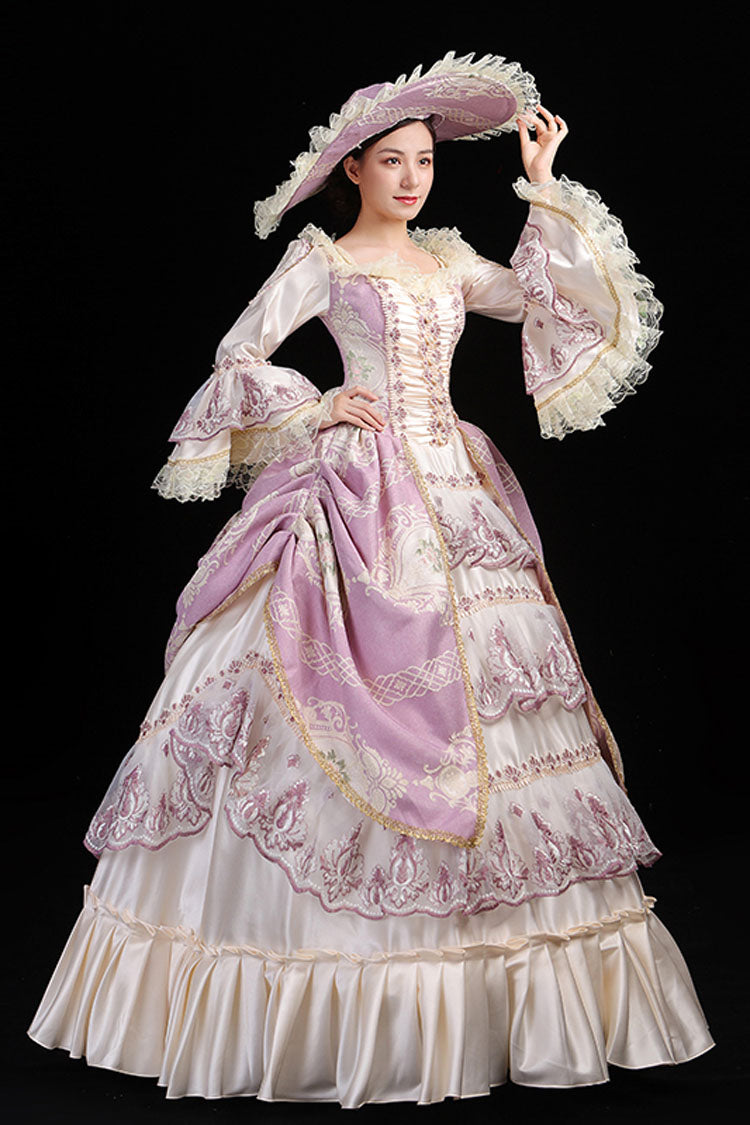Pink/Champagne Trumpet Sleeves High Waisted Ruffled Multi-Layer Hollow Embroidery Print Victorian Lolita Prom Dress - Product - 3