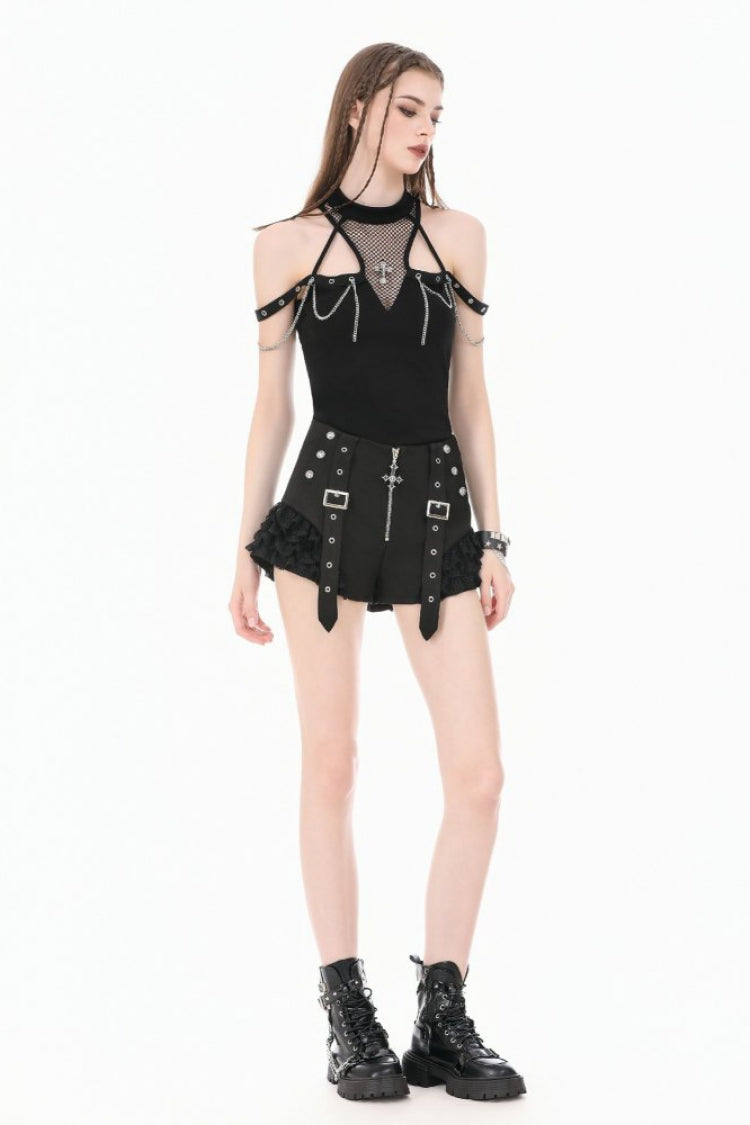 Black High Waisted Ruffled Lace Patchwork Buckled Straps Cross Zippered Women's Punk Shorts - Product - 9
