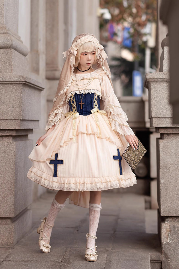 Apricot Eternal Life Song Print Cross Embroidery Sleeveless Ruffle Sweet Lolita Dress - Product - 2