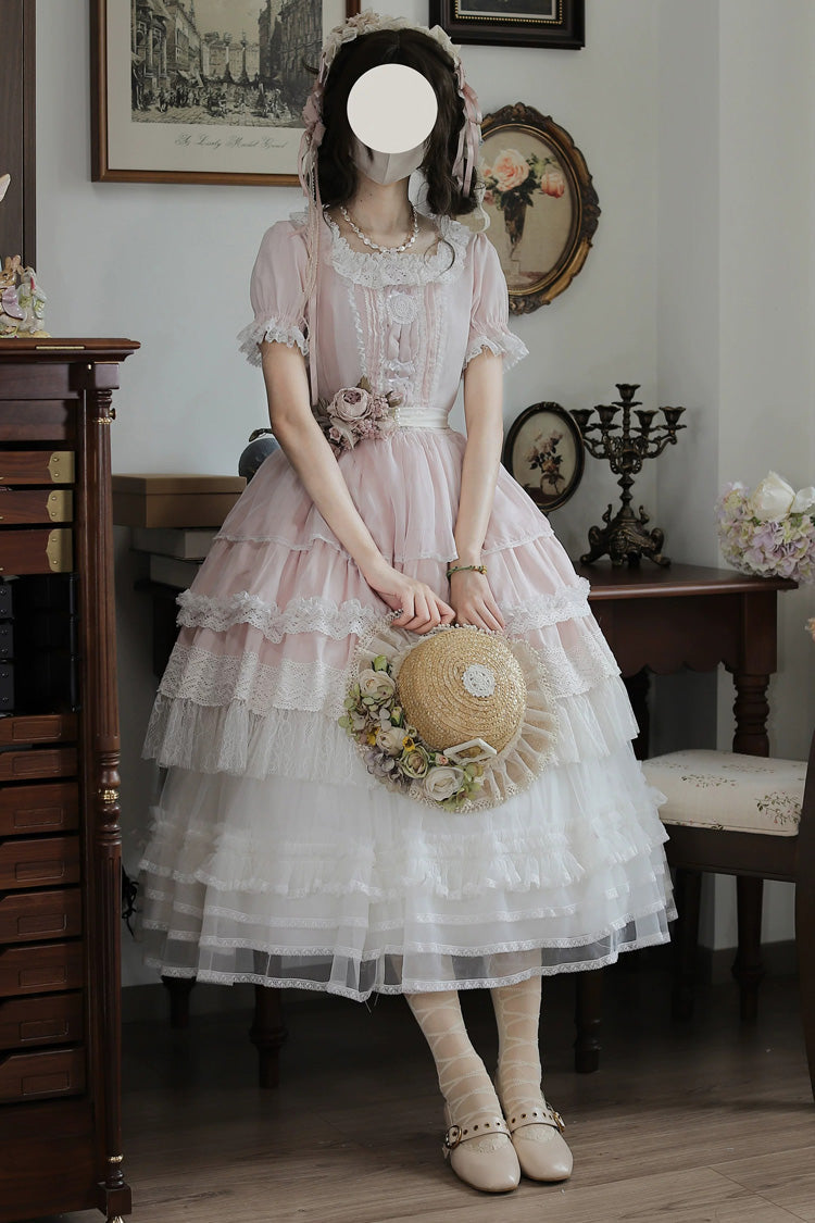 Pink [Vintage Ball 3.0] Square Collar Short Sleeves Lace Pearl Detail Sweet Lolita Dress - Pink - 1
