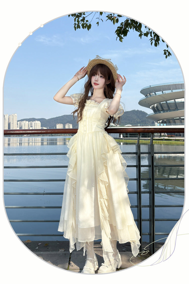 Apricot [Moonlight Beach] Square Collar Short Sleeves Ruffle Sweet Lolita Dress - Product - 5