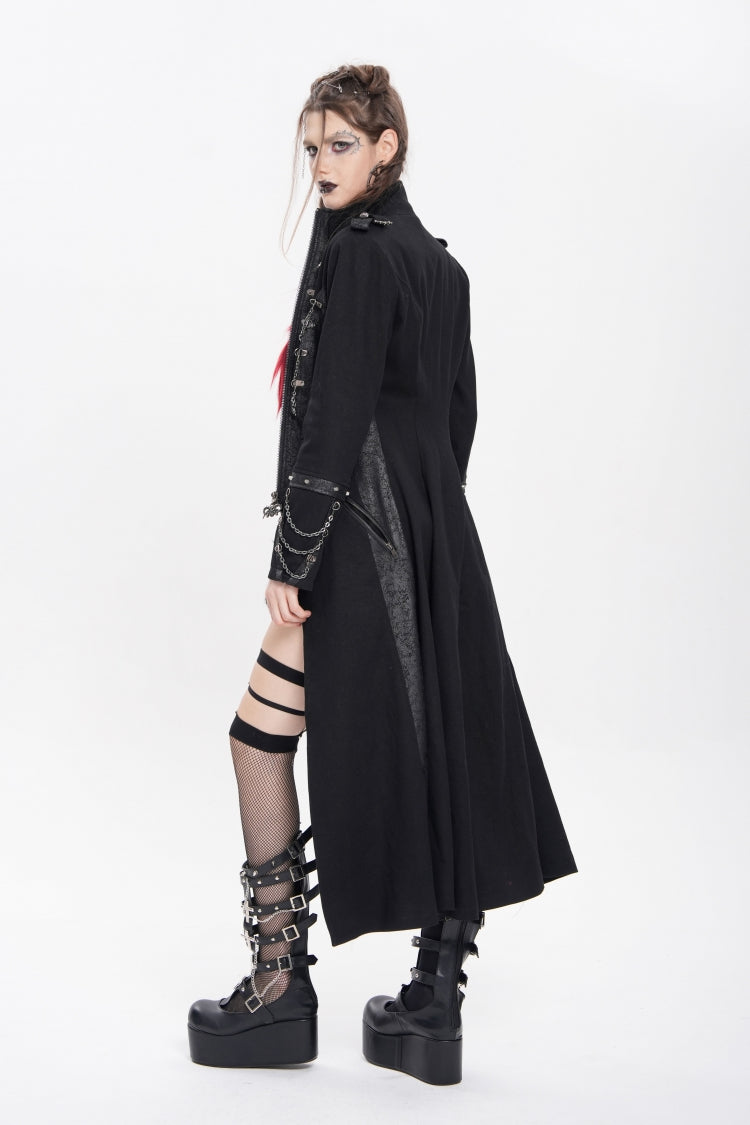 Black Stand Collar Long Sleeves Buckle Chain Women's Punk Jacket - Product - 12