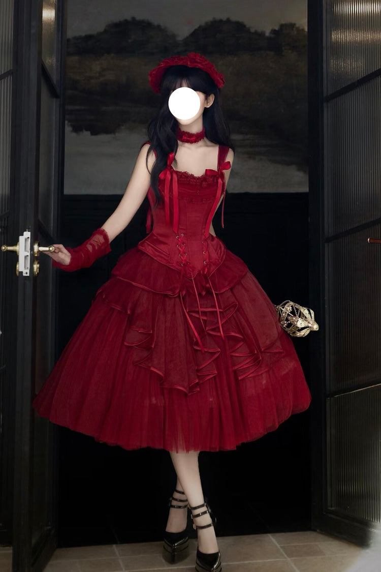 Red [The Summer Waves Sparkle] Square Collar Sleeveless Multi-Layered Ruffled Bow Lace-Up Slim Classic Lolita Skirt Set - Product - 2