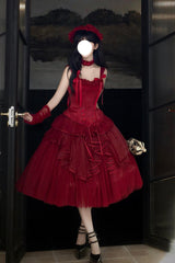 Red [The Summer Waves Sparkle] Square Collar Sleeveless Multi-Layered Ruffled Bow Lace-Up Slim Classic Lolita Skirt Set - Product - 2