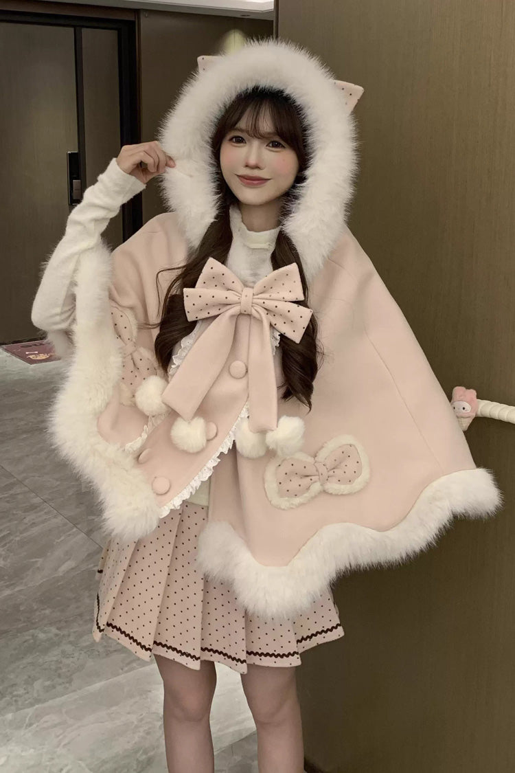 Pink [Sea Salt Guava] Polka Dot Printed Ruffled Bow Hooded Sweet Princess Lolita Dress Cloak Set - Product - 5