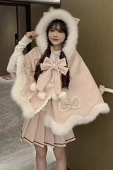 Pink [Sea Salt Guava] Polka Dot Printed Ruffled Bow Hooded Sweet Princess Lolita Dress Cloak Set - Product - 5
