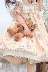 Yellow Doll Collar Short Sleeves Bunny Bear Moon Print Bowknot Stitching Sweet Lolita Dress - Product - 3