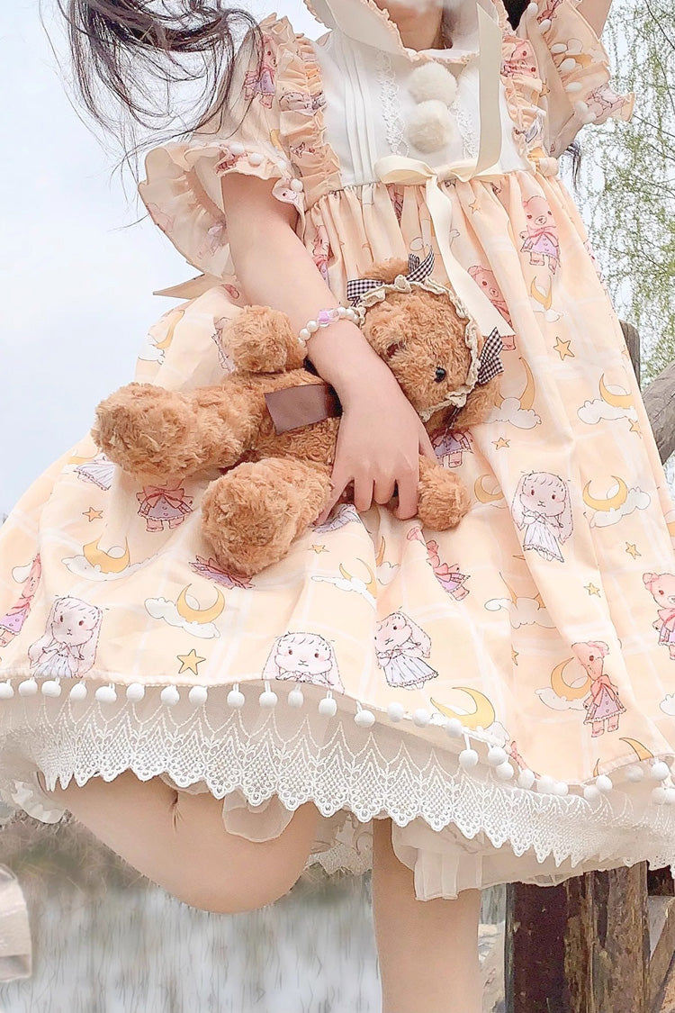 Yellow Doll Collar Short Sleeves Bunny Bear Moon Print Bowknot Stitching Sweet Lolita Dress - Product - 3