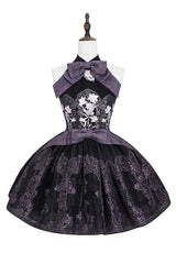 [Stained Glass Dream] Halterneck Sleeveless Printed Embroidered Bow Gothic Lolita Dress 2 Colors (Black/Purple, White/Purple) - Product - 3