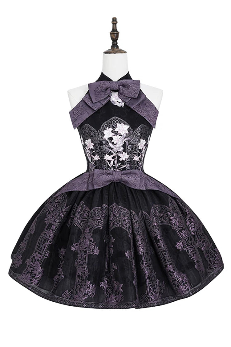 [Stained Glass Dream] Halterneck Sleeveless Printed Embroidered Bow Gothic Lolita Dress 2 Colors (Black/Purple, White/Purple) - Product - 3