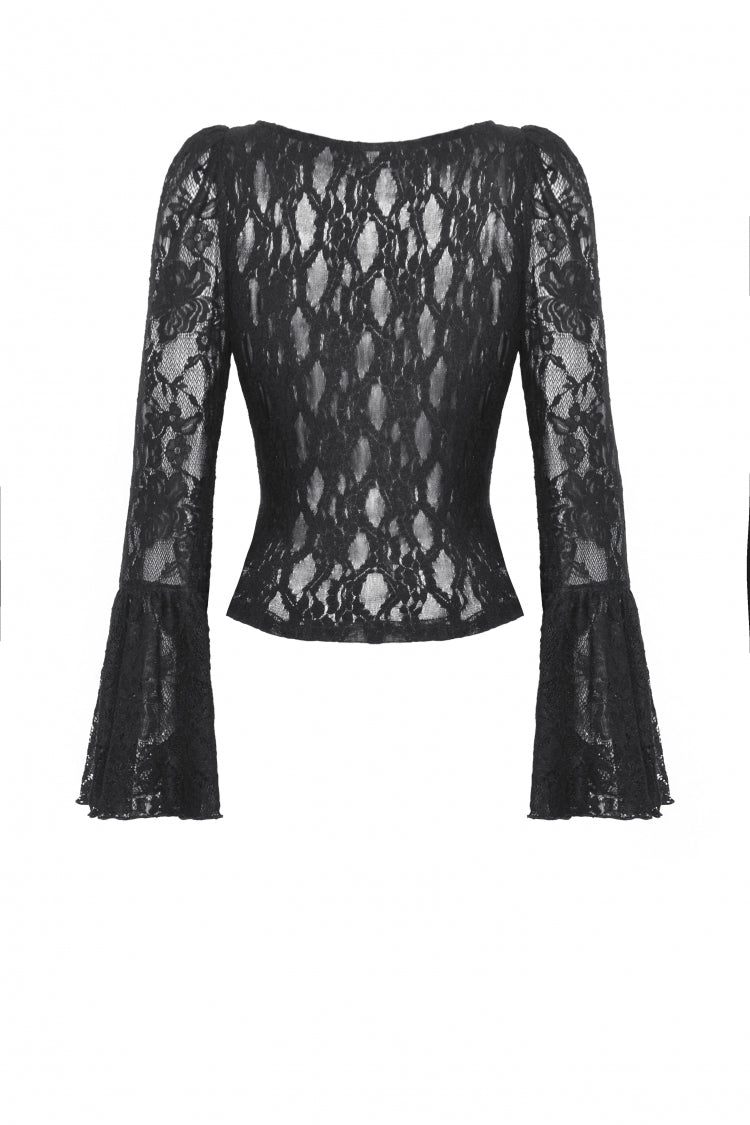 Black Deep V Collar Long Trumpet Sleeves Lace Lace-Up Women's Gothic Corset Top - Product - 12