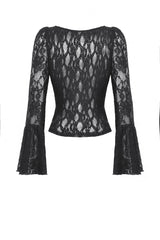 Black Deep V Collar Long Trumpet Sleeves Lace Lace-Up Women's Gothic Corset Top - Product - 12